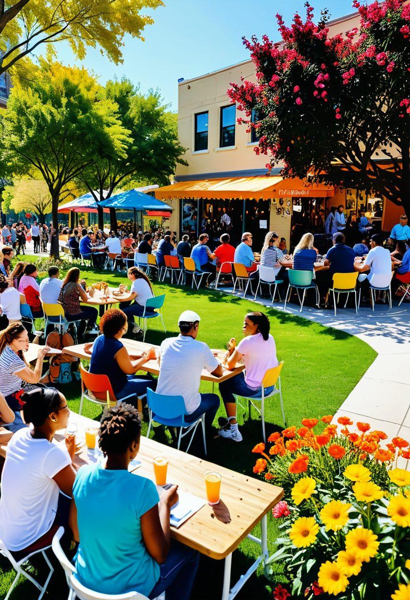 A vibrant community gathering showcasing people of diverse backgrounds smiling and enjoying activities in a sunny park setting, surrounded by colorful flowers and cheerful decorations, emphasizing inclusivity and joy. In the background, a cozy café with outdoor seating and a mural of happy faces. super-realistic. bright colors. warm atmosphere.