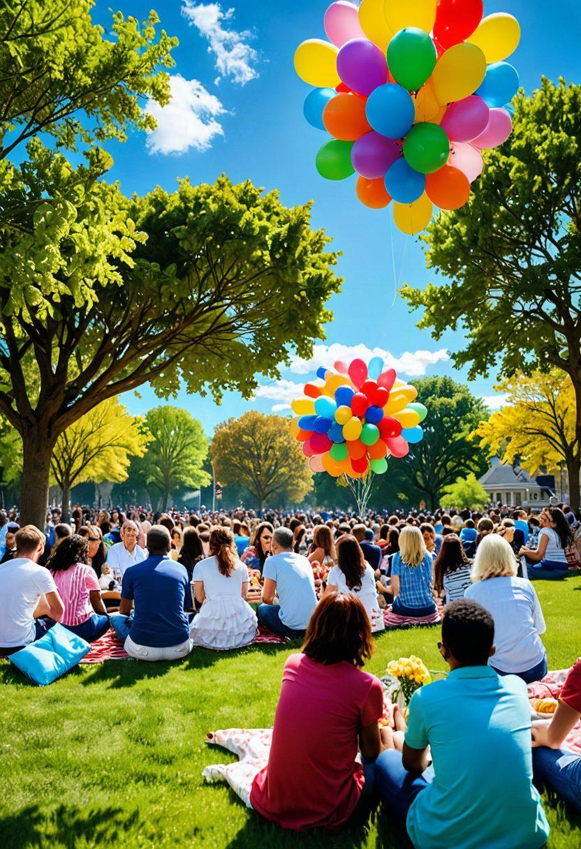 A vibrant community gathering scene in a sunlit park, filled with diverse people smiling and engaging in joyful activities such as picnics, music, and games. Colorful balloons and flowers surround the area, creating a cheerful and inviting atmosphere. In the background, a blue sky with fluffy clouds enhances the sense of happiness and positivity. super-realistic. vibrant colors. bright daylight.