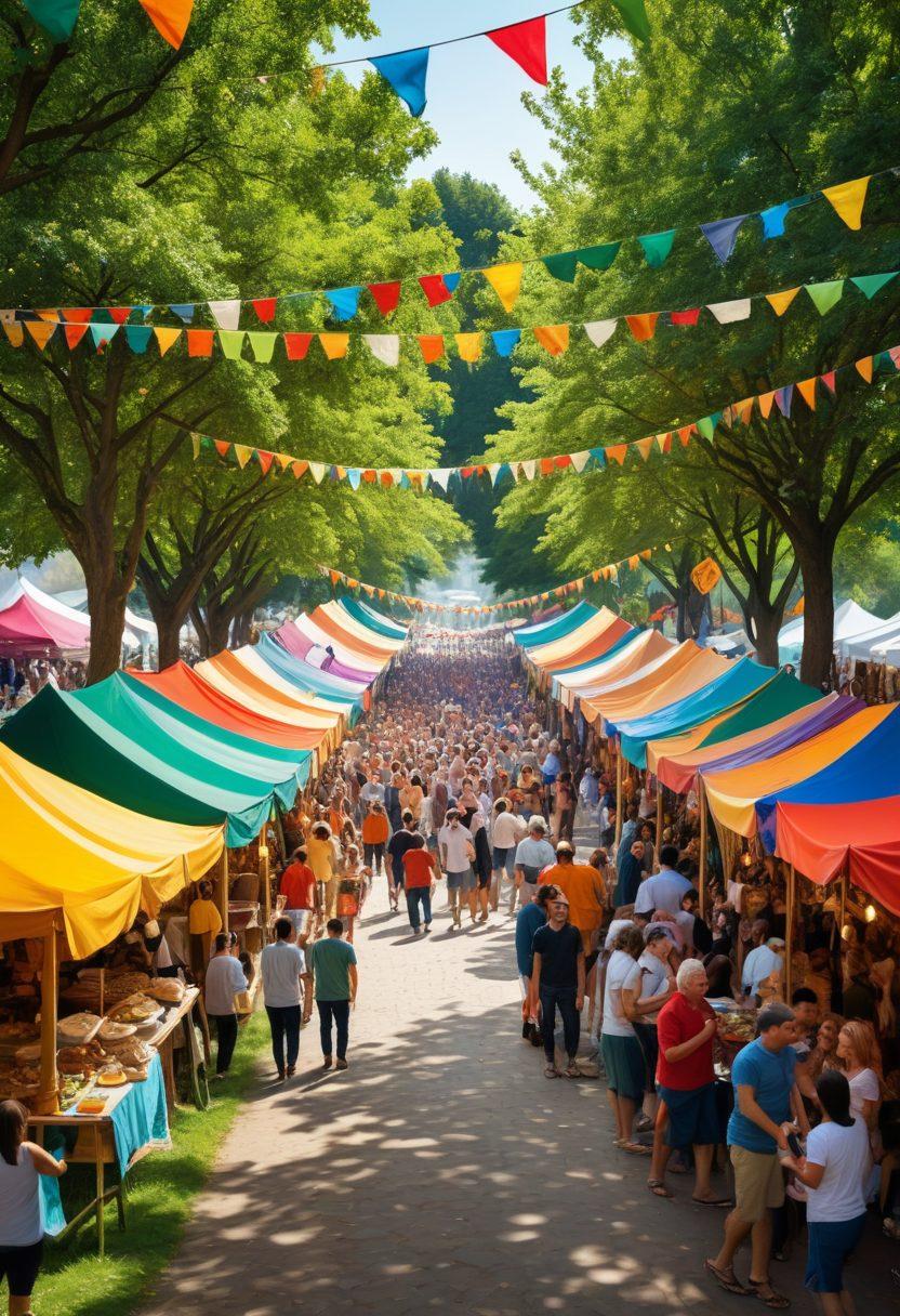 A vibrant community scene showcasing diverse individuals engaged in joyful gatherings, sharing food, music, and laughter under colorful banners. In the background, a lively cultural festival with stalls representing different traditions, panoramic green spaces, and flowering trees to symbolize unity and connection. The atmosphere should radiate happiness and collaboration. radiant colors. super-realistic.